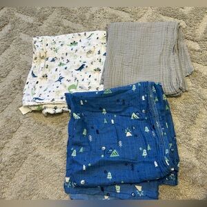 🦕🦖🏕️ 3 piece cloud island swaddle set in dinosaurs and camping prints